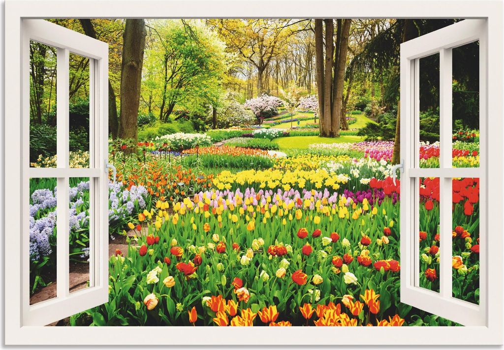 ARTland Wandbild Alu für Innen & Outdoor Fensterblick Tulpen Garten Frühling Größe: 100x70 cm