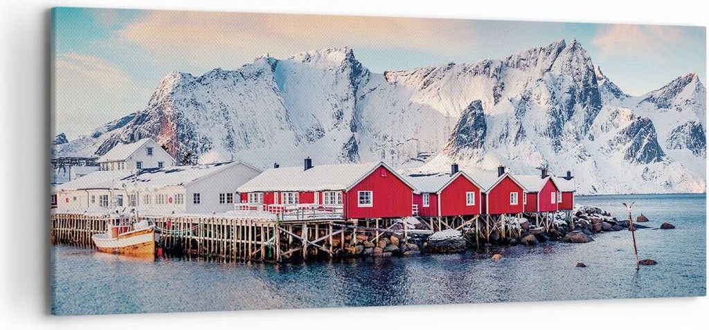 Bild auf Leinwand - Leinwandbild - Einteilig - Lofoten Dorf Angeln - 120x50cm - Wand Bild - Wanddeko - Wandbilder - Leinwanddruck - Bilder - Wandde...