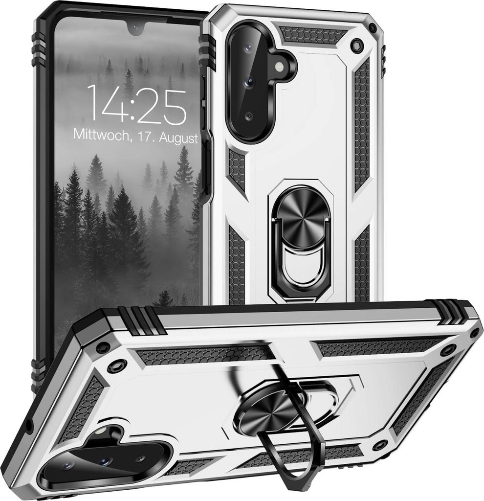 A silver and black phone case with a ring holder is displayed from multiple angles against a white background.