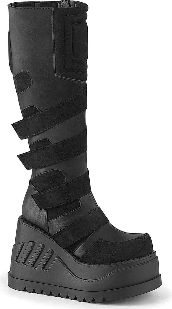 DemoniaCult STOMP-228 Kniehohe Boots Schwarz Veganleder EU 38