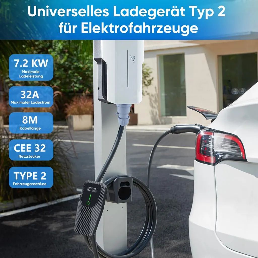 Chargeur Type 2 intensité réglable 7kW avec câble 8M noir flexible - 6
