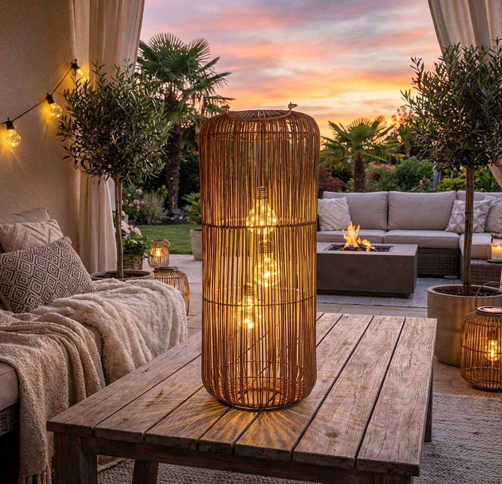 Solarlaterne Garten Rattan-Look Laterne 3 LED Birnen 60 cm
