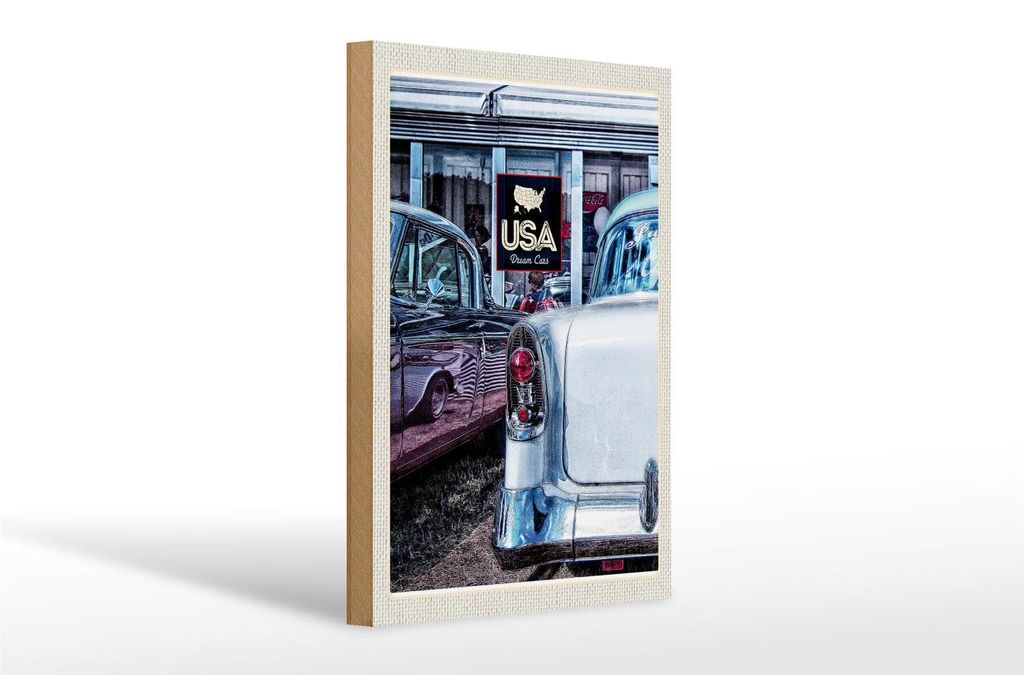 Holzschild Reise 20x30cm Amerika Oldtimer 90er silber Dram Cars