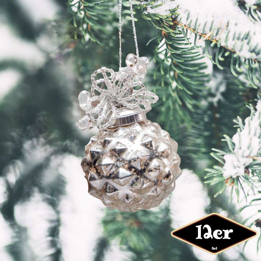 Christbaumkugelset, Rund, 12er Set | Glas, Silber, Struktur | H9,5xB6,0cm