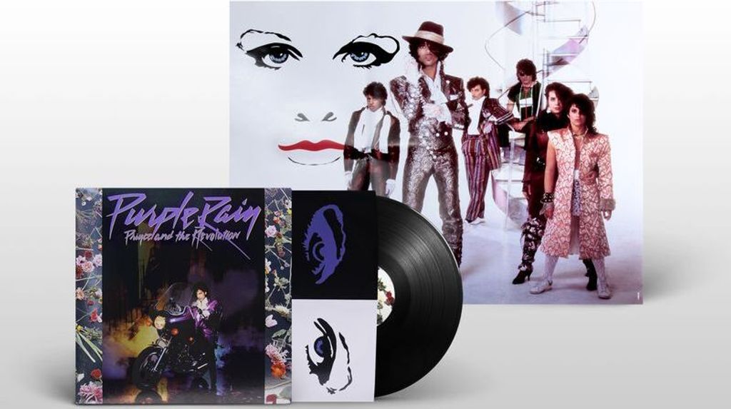 A collage of album art and a vinyl record for Prince's "Purple Rain" album.