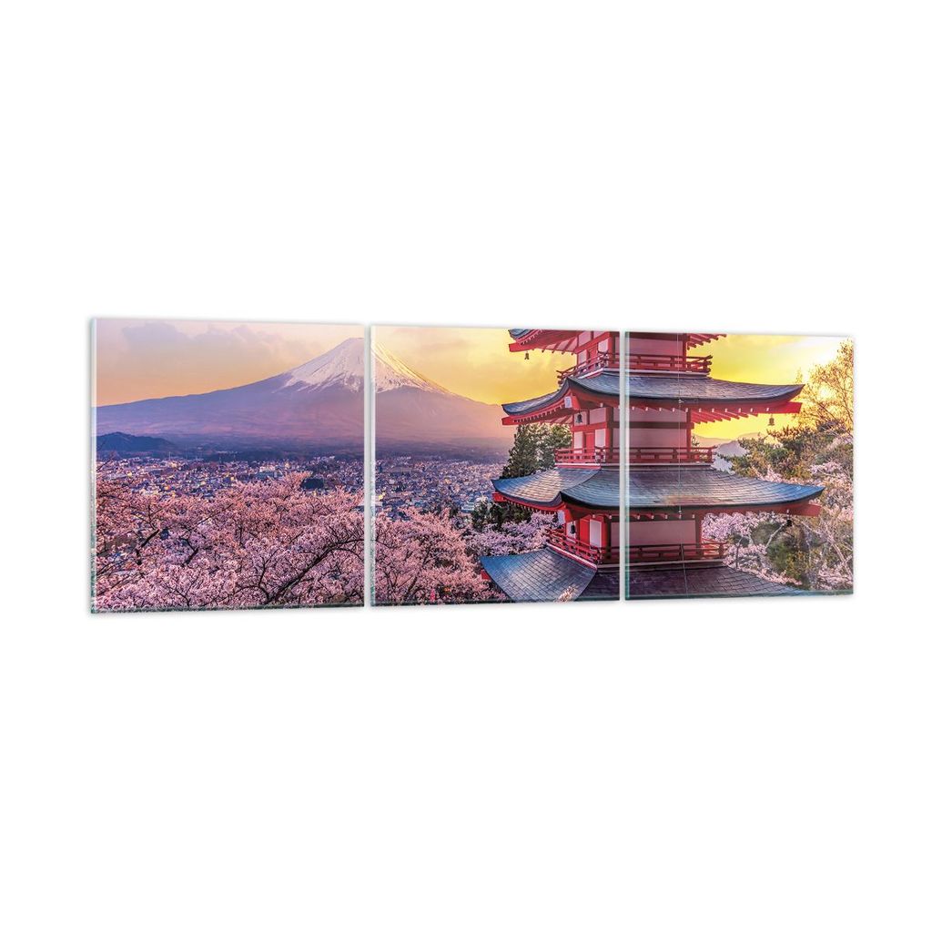 Bilder auf glas - 3 Teile - Fuji Choreito Pagode - 90x30cm - Glasbilder - Wandbilder - Bilder - zum Aufhängen bereit - Wanddekoration aus Glas - G...