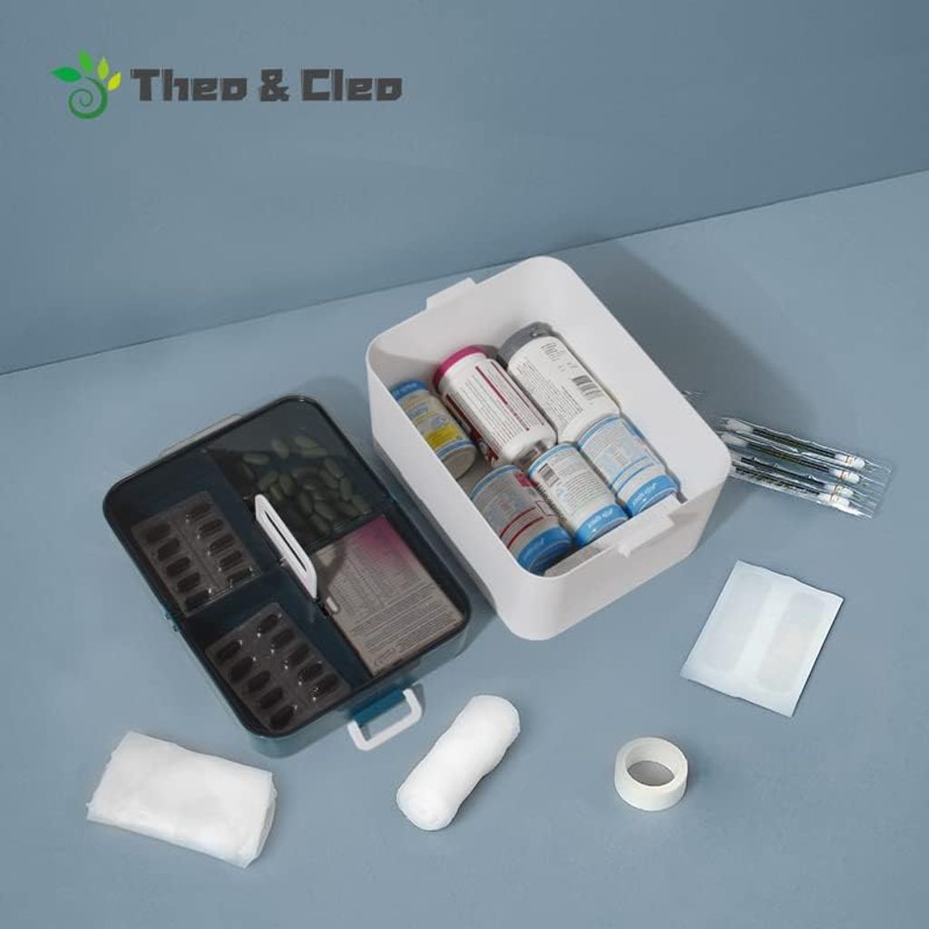 Theo&Cleo Medikamenten Aufbewahrung, Medizinbox, Hausapotheke Box,  Apothekenbox, Medizinkoffer Groß (Dunkelblau)