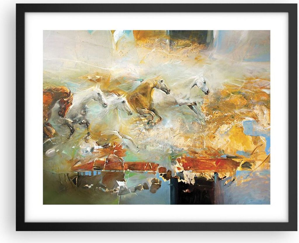 Gerahmtes Poster - Schwarzer Rahmen - Pferde Galopp Modern - 50x40 cm - Wand Bild - Wanddeko - Wandbilder - Kunstposter - Wandposter - Bilderrahmen...
