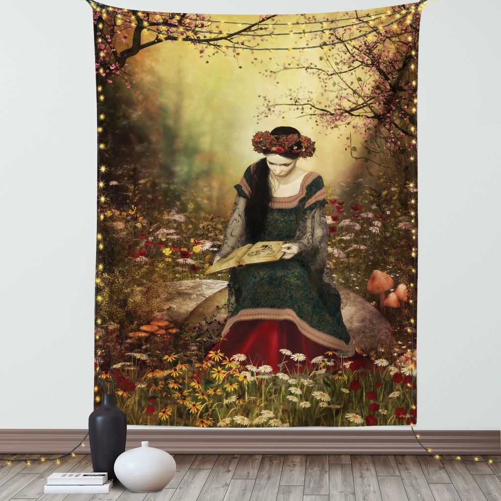 ABAKUHAUS Mittelalterlich Wandteppich, Dame, Die Auf Stein Und Lesebuch Wald Sitzt, Blüht Gras Baum Mittelalterliche Zeit, Wohnzimmer Schlafzimmer...