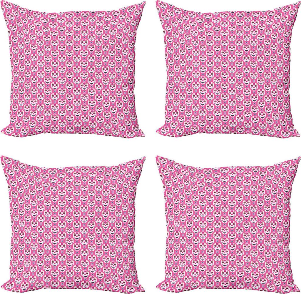ABAKUHAUS Dia De Los Muertos Kissenbezug Set (4 Stück), Schädel, Moderner Doppelseitiger Digitaldruck, 40 cm x 40 cm, Rosa und Multicolor