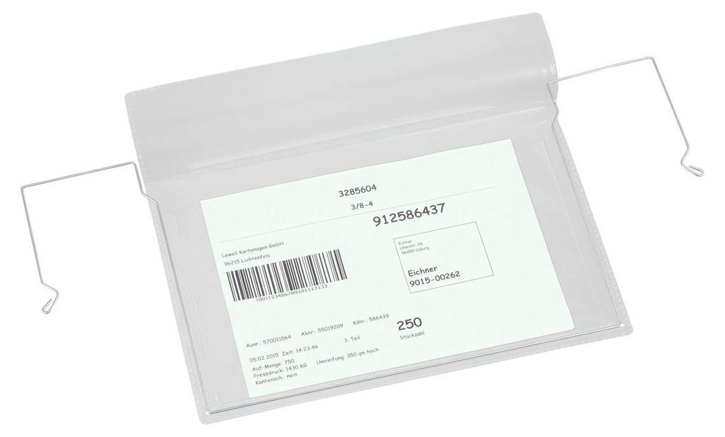 Drahtbügel-Sichttasche, mit Klappe, zur Anbringung an Gitterboxen, Transportkisten, Kartons, Kunststoffkästen etc, Maße (BxH) 280 x 270 mm, Form...