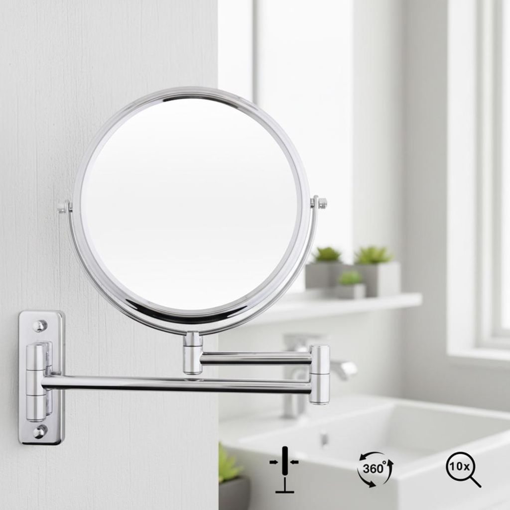 A wall-mounted makeup mirror in a bathroom setting.