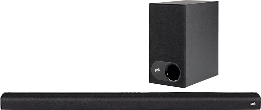 A black soundbar and subwoofer are displayed against a white background.