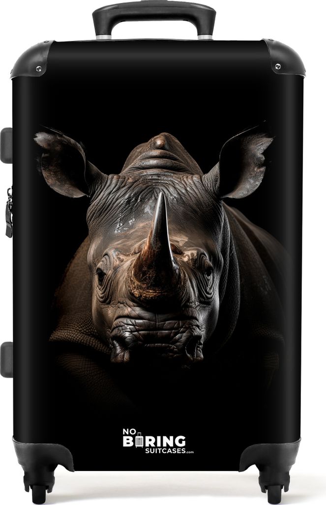 NoBoringSuitcases.com Koffer Mittelgroß 67x43x25 cm, Tiere auf schwarzem Hintergrund: Nashorn, 60L