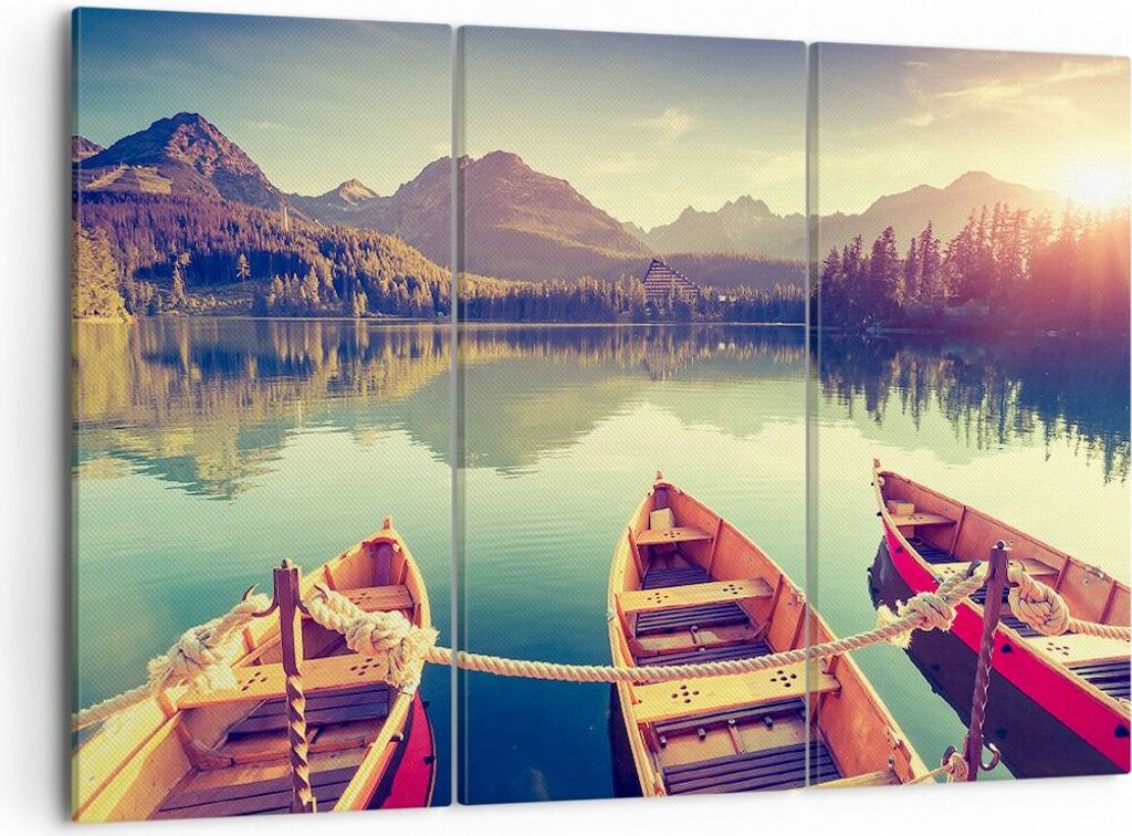 Bild auf Leinwand - Leinwandbild - Berge See Boot - 105x70cm - Wand Bild - Wanddeko - Wandbilder - Leinwanddruck - Bilder - Kunstdruck - Wanddekora...