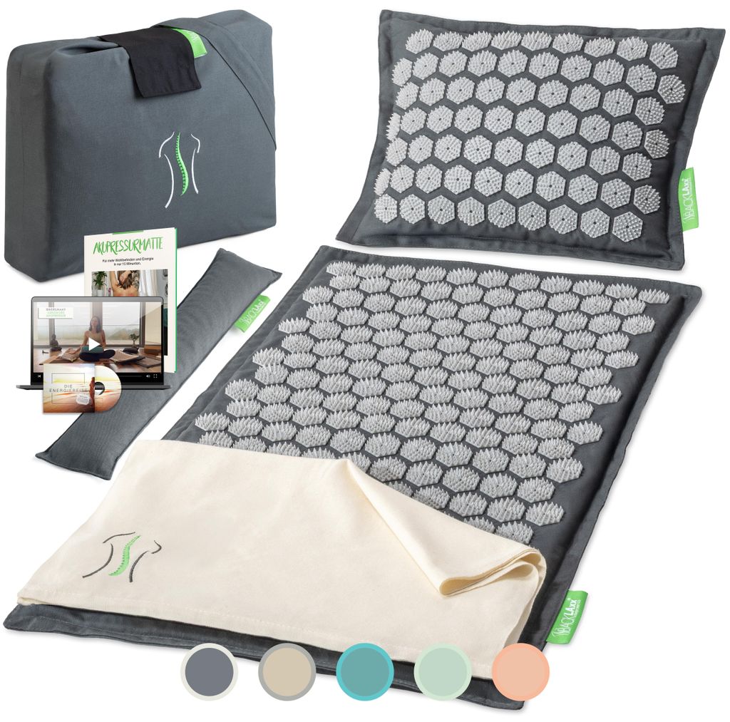 BACKLAxx Akupressur-Set Akupressurmatte Massagematte & Kissen Nadelmatte Akupunktur schiefergrau