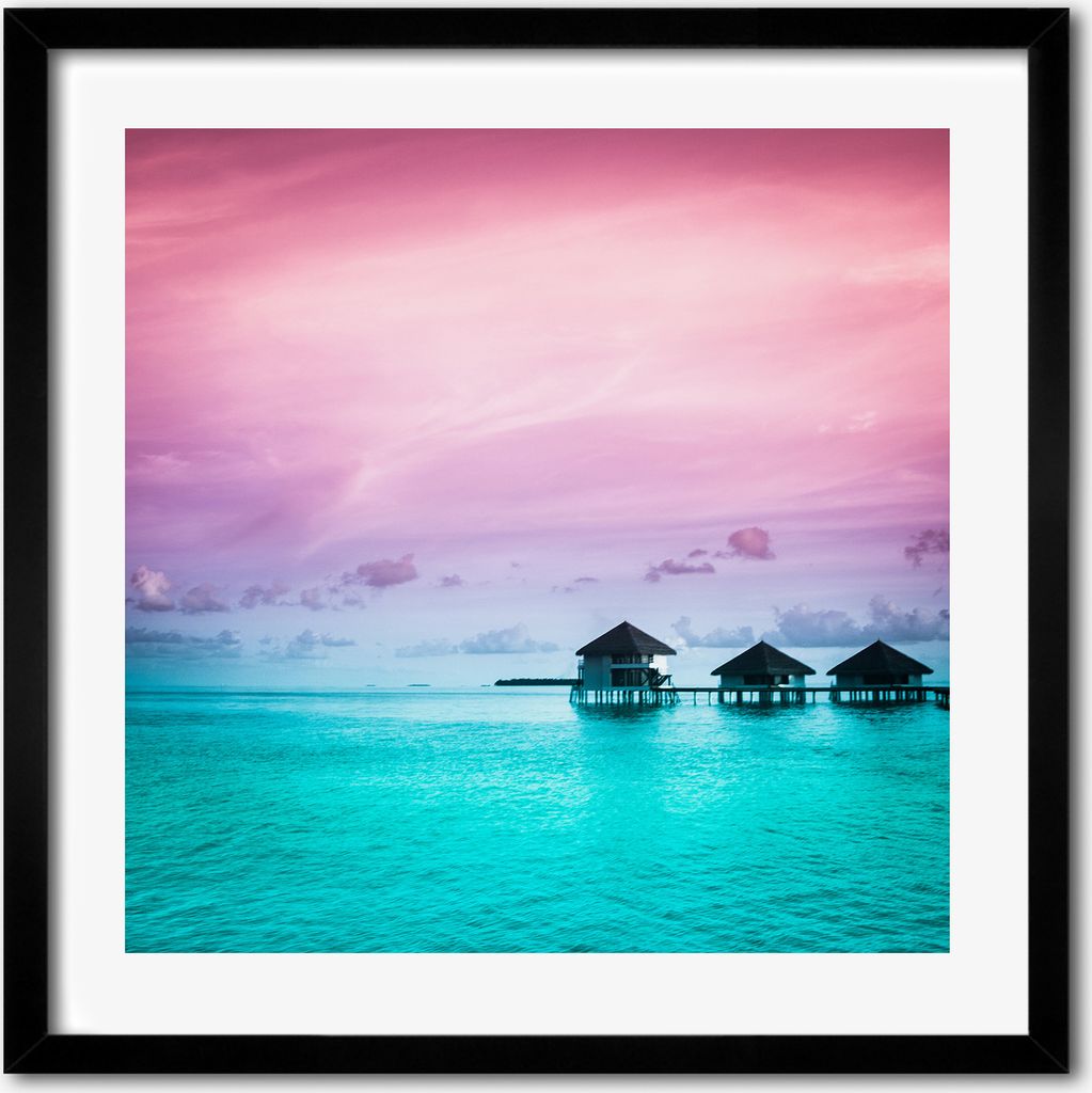 Bild - 50 cm x 50 cm - MDF - Rahmen, Wandkunst - Bungalows über dem Wasser
