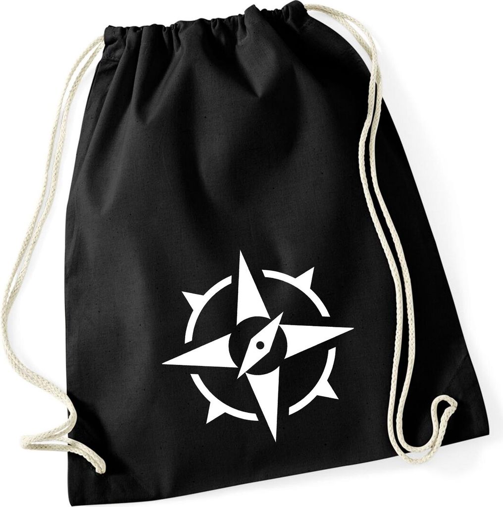 Huuraa Turnbeutel Kompass Bussole 12 Liter Black Baumwolle Rucksack Geschenkidee