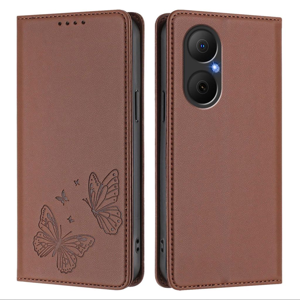 Lederhülle für Huawei Nova Y73, Schmetterling Prägung Leder Brieftasche Schutzhülle mit Ständer Braun