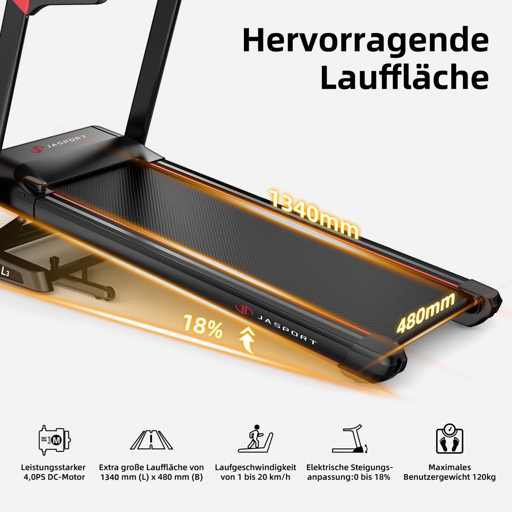 JASPORT L3 Laufband: Klappbar, leise, Bluetooth, 4PS, bis Produktbild 3