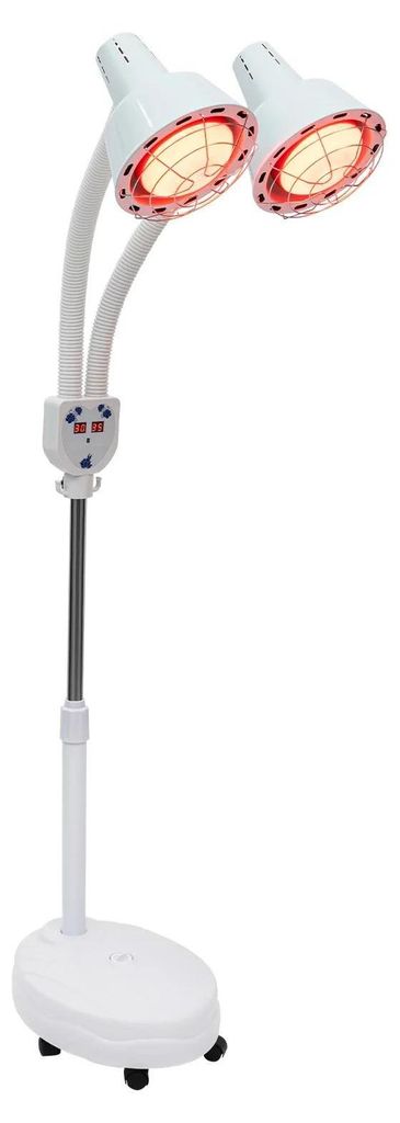 Infrarot-Wärmelampe - Doppelkopf-Standmodell - Leistung 275 W - Verstellbar 360° - Timer 5–60 Min - Fernbedienung - EU-Stecker - Rollfuß - Weiß