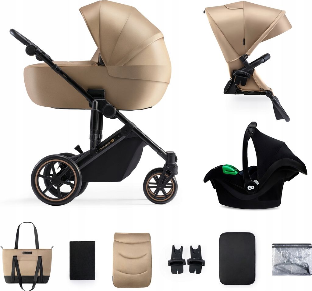 Kinderkraft PRIME 2 3-in-1 - Kinderwagen bis 22 kg - Babytragetasche, Autositz MINK PRO - vollgefederte Räder - wasserdichtes Verdeck - Beige