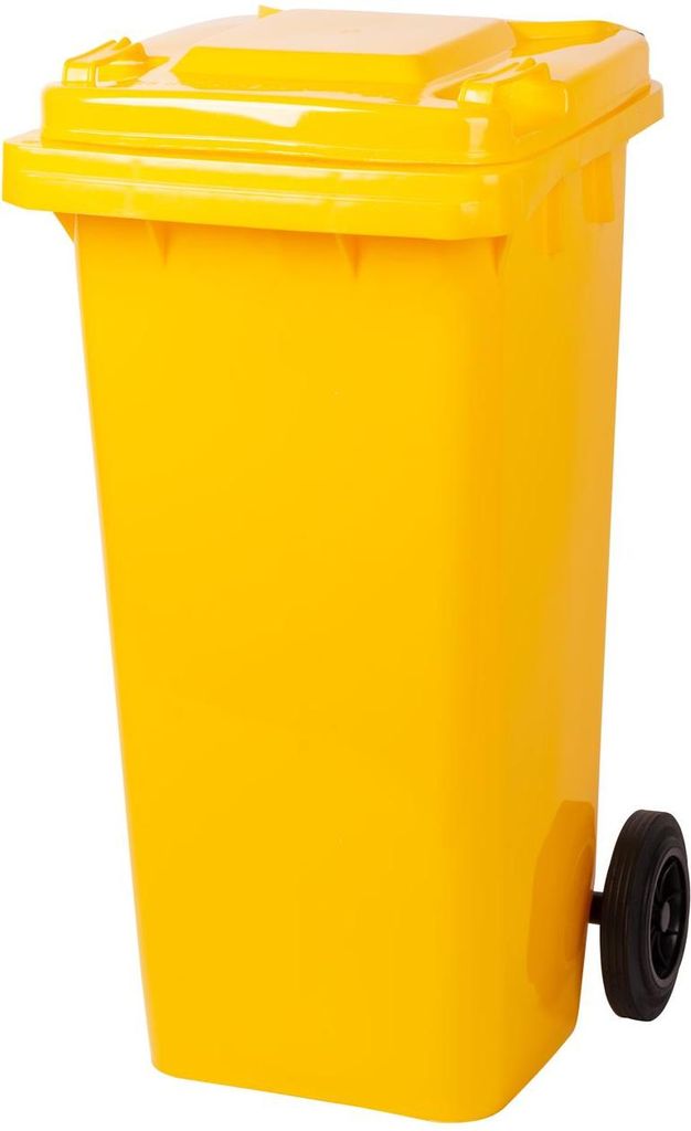 A yellow trash bin with wheels against a white background.