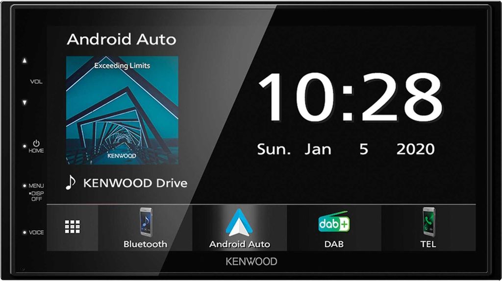 A close-up of a car stereo screen displaying the Android Auto interface and the time.