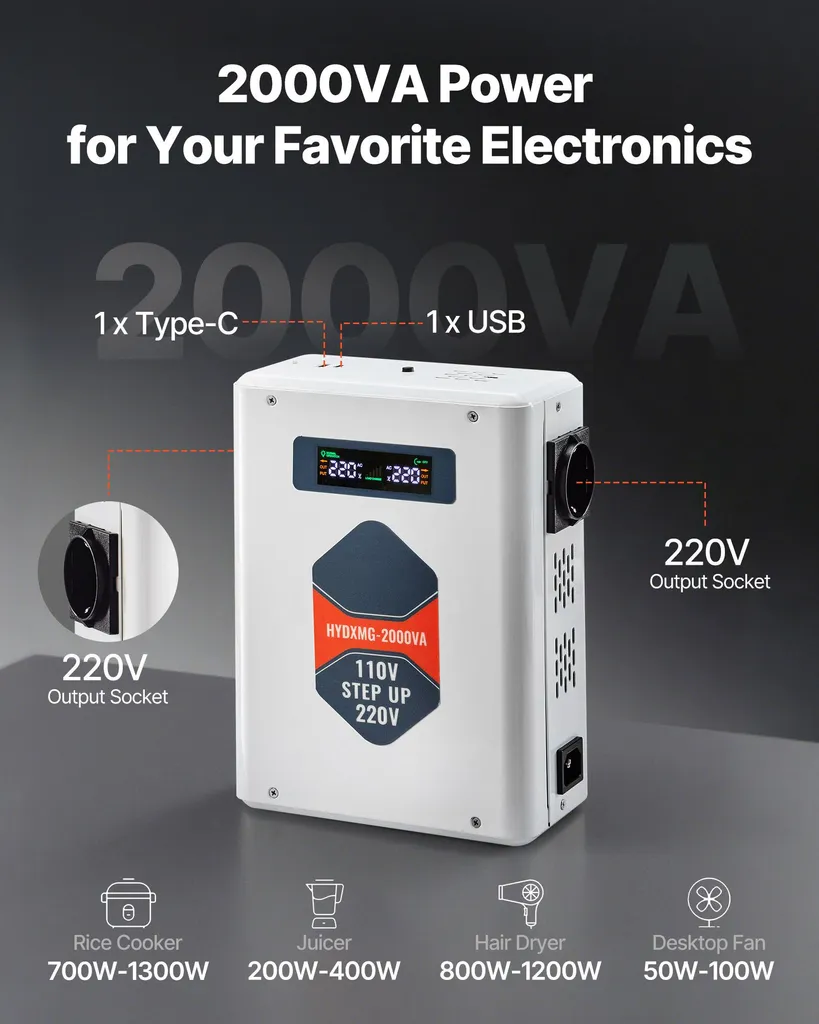 Transformateur 2000 VA avec Écran LCD et Protection de Surchauffe EU - 2