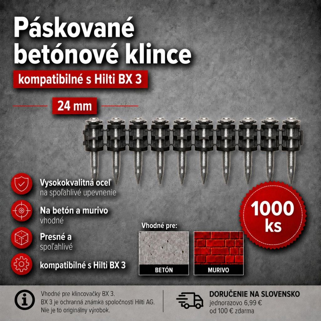 Betonové hřebíky 24 mm – 1000 kusů, kompatibilní s Hilti BX Obrázek produktu 