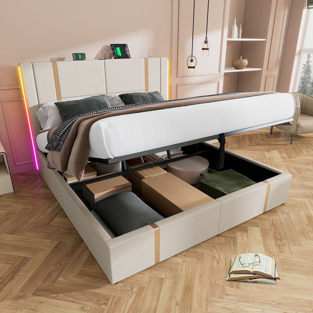 MODFU Boxspringbett Hydraulisches 180 x 200 cm mit LED-Beleuchtung, Polsterbett Funktionelles mit USB Type C-Ladeanschluss, Doppelbett Stauraumbett...