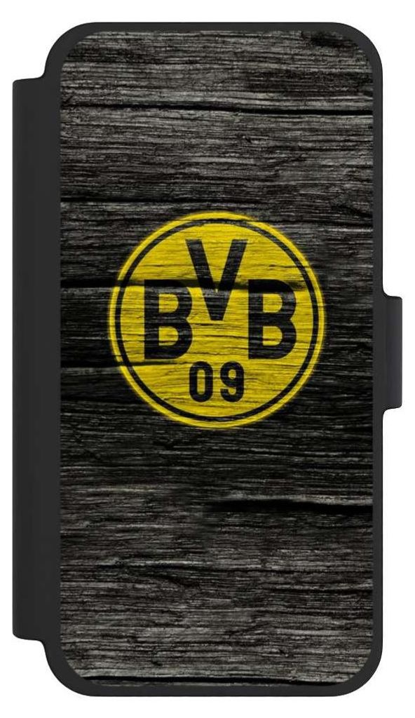 NIVOCASE Klapphülle für Apple iPhone 12 mini Handyhülle aus Kunst Leder NIVOflip schwarz BVB Borussia Dortmund Holzoptik