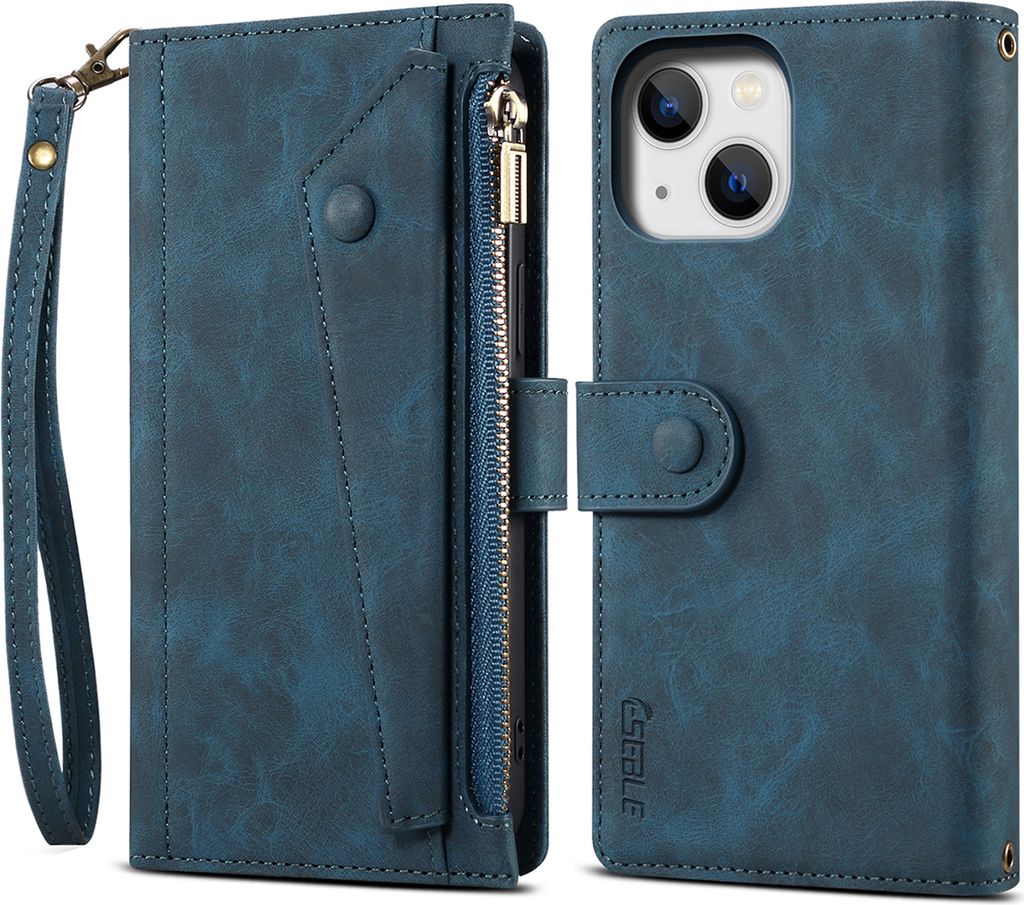 Schutzhülle für iPhone 15 Plus Reißverschluss Hülle, Leder Klapphülle Kartenfach Standfunktion Brieftasche mit Trageband Blau