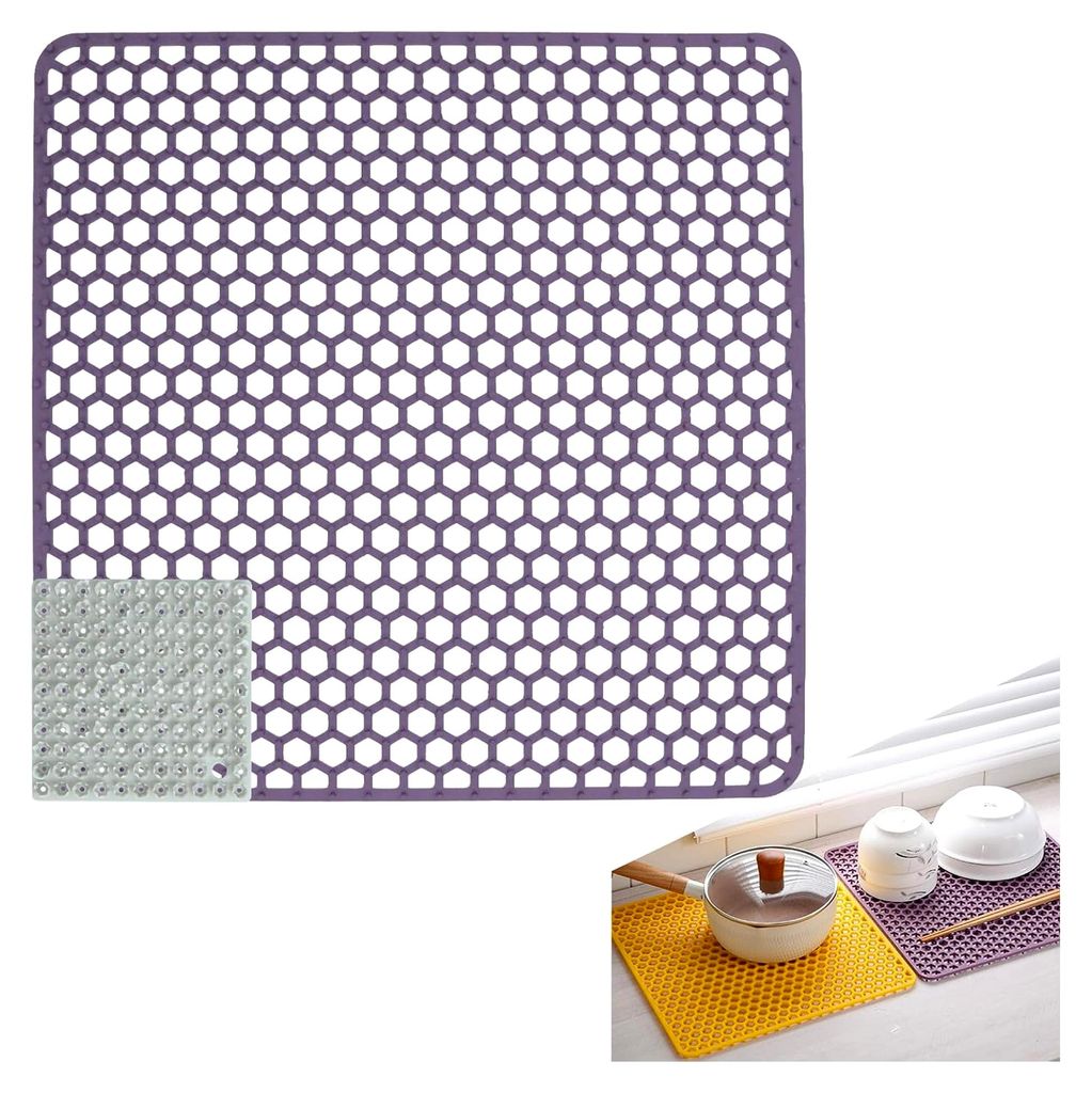 Große Spülbeckenmatte 34,5 x 34,5 cm, Violette Silikon Spülbeckeneinlage, Zusammenklappbar und rutschfest mit Reinigungsbürste