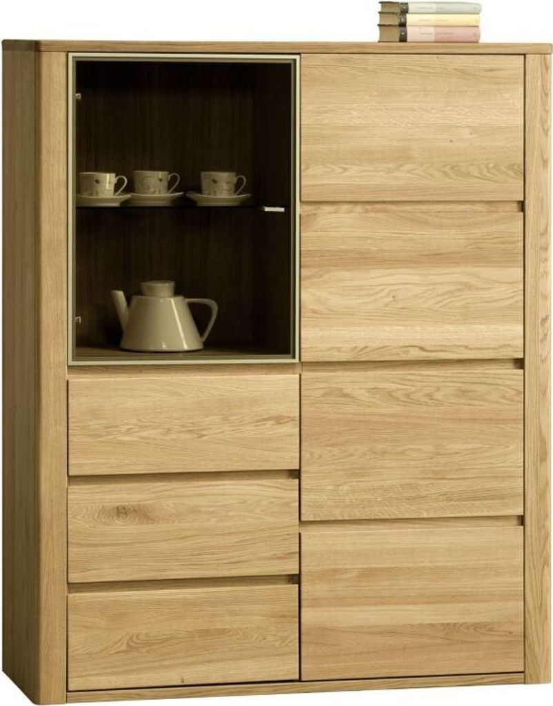 Vitrine Jussara 10, Farbe: Natur, Eiche teilmassiv – 150 x 124 x 42 cm (H x B x T)