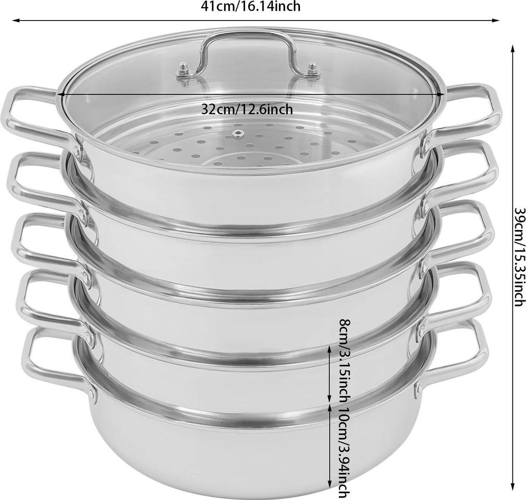 Dampfgarer Topf & Dampfkochtopf - Stapelbar 5-stufig - 304 Edelstahl - Für Gas & Induktion - Für Gemüse, Dumplings, Meeresfrüchte - 32 cm