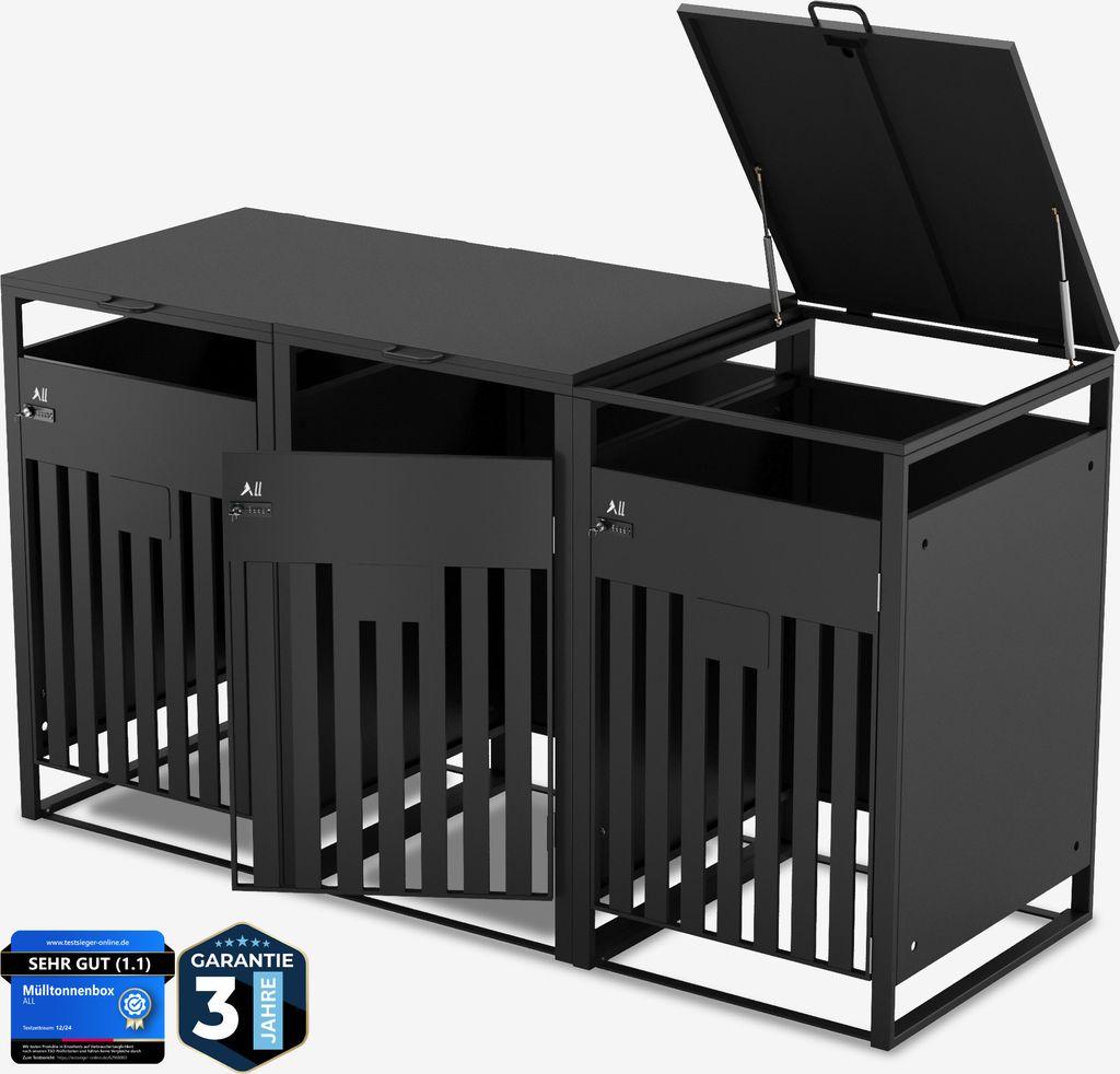 ALL Mülltonnenbox 3er – Abschließbar & wetterfest, für Garten, Hof & Straße, beliebig erweiterbar, legierter Stahl robust & langlebig