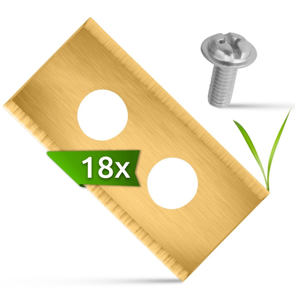 A set of 18 robot lawn mower blades and screws on a white background with a blade of grass.