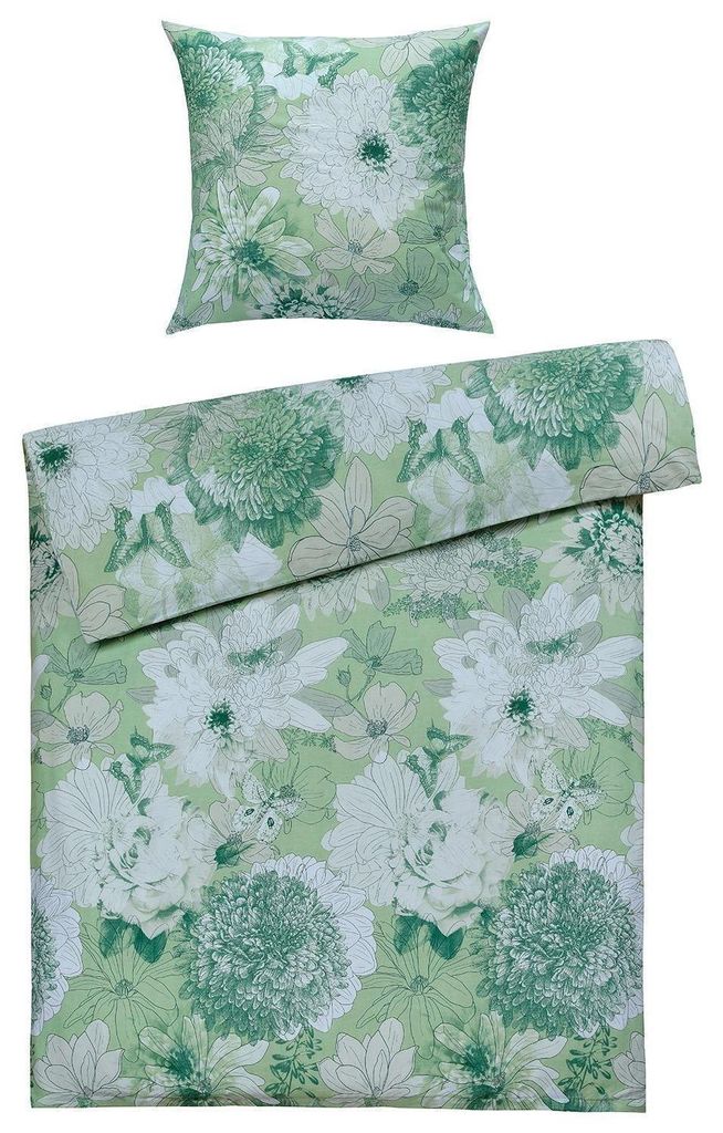 Satin-Bettwäsche - 135 x 200 cm - Grün - Weiß - Baumwolle - mit Reißverschluss