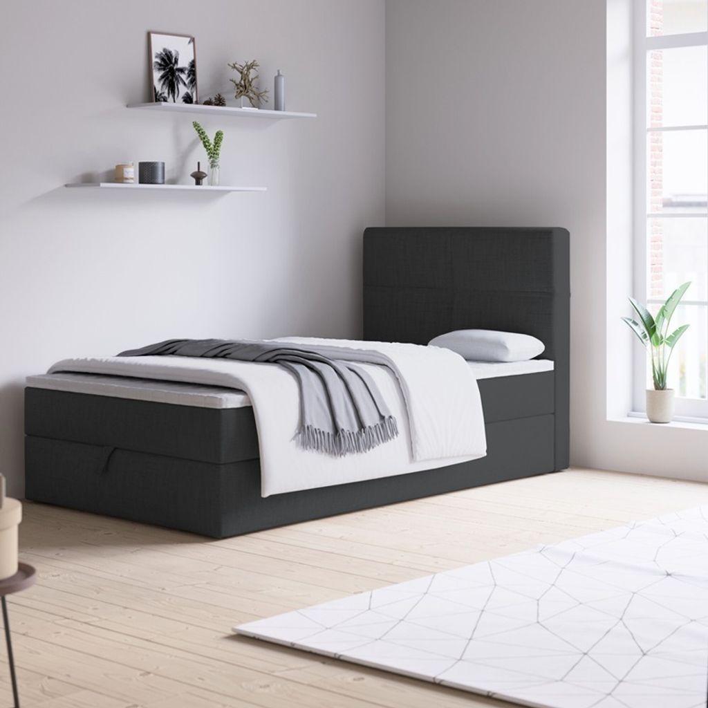 Bett, Boxspringbett NOLA MINI mit Bettkästen, Einzellbett, Stauraum, Schlafzimmer, Polsterbett, (90x200, Schwarz- Aura 18, ohne Topper )