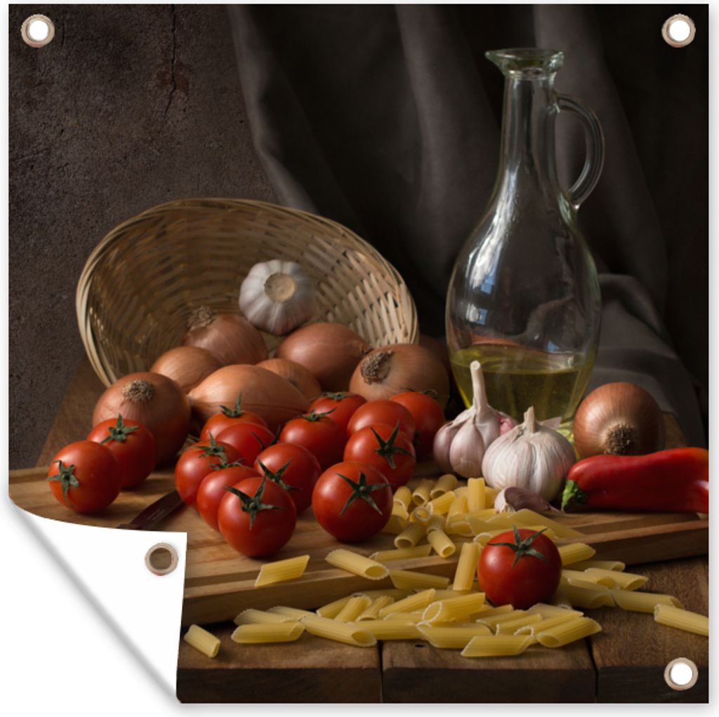 MuchoWow 50x50 cm Outdoor-Poster Gartendeko Sichtschutz Garten Poster für den Garten Schneidebrett - Gemüse - Stillleben - Pasta - Aus - Tomat...