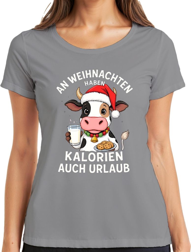 Weihnachten Kalorien Urlaub Kuh Milch Plätzchen Lustig Geschenk Damen T-Shirt, Grau, XXL