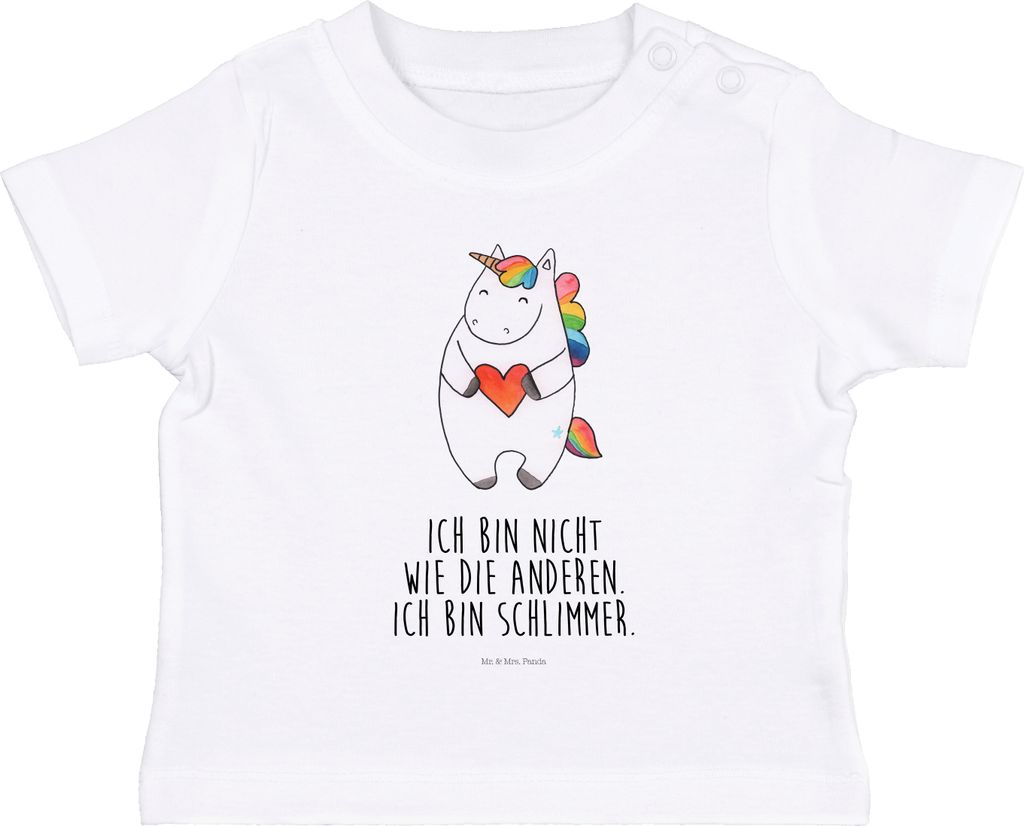 Mr. & Mrs. Panda Babyshirt Einhorn Herz 6. - 12. Monat - Weiß - Geschenk, Einhörner, T-Shirt Baby, Top, Shirt, Bunt, Unicorn, böse, Baumwolle, L...