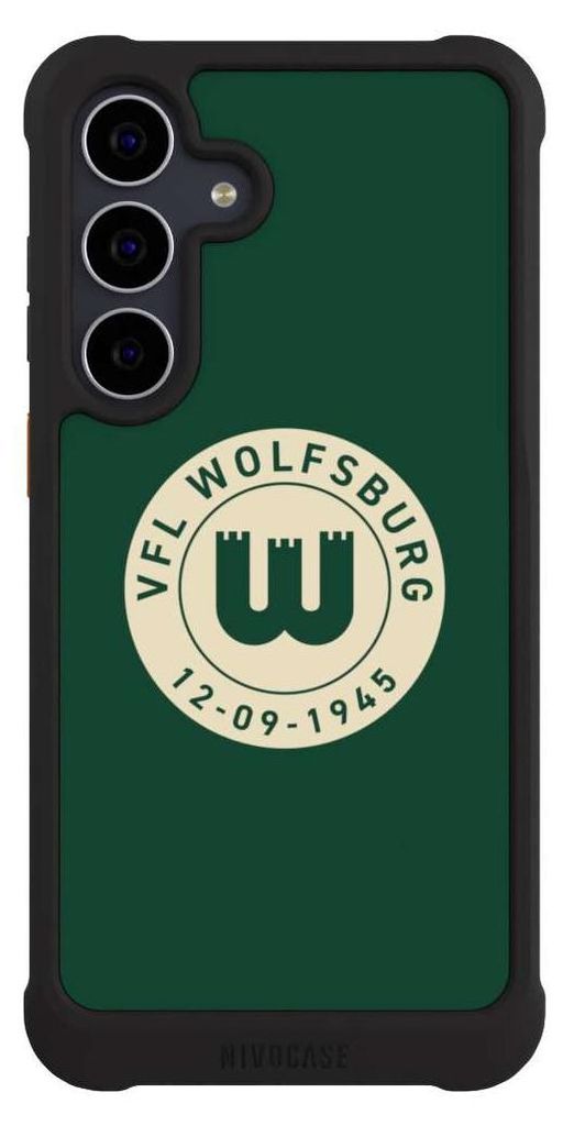NIVOCASE Hülle für Samsung Galaxy S25 FE Stoßfeste Handyhülle NIVOmax Case Schwarz Offizielles Lizenzprodukt VfL Wolfsburg 80 Jahre