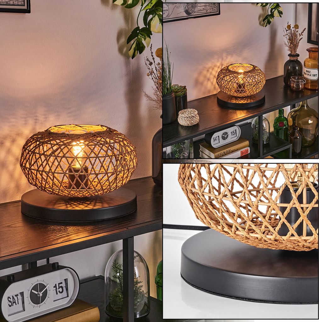 Messerotti moderne Boho Tischlampe aus Metall/Rattan in Schwarz/Natur