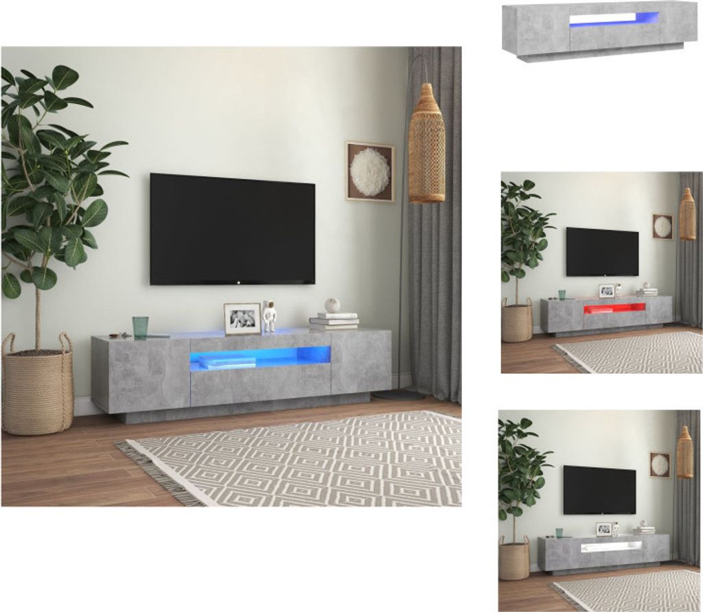A collage of images showing a TV stand with LED lighting in different colors, placed in a living room setting.