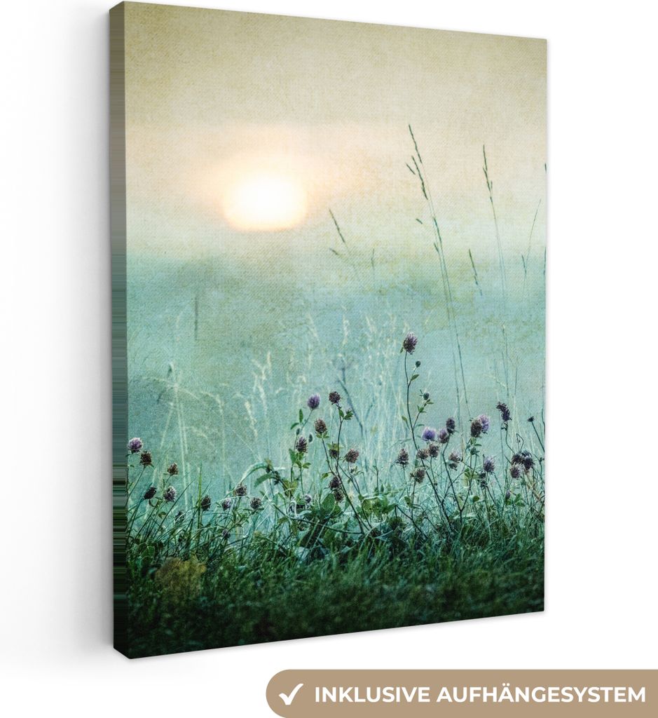 MuchoWow - Leinwandbilder - Natur - Vintage - Blumen - Sonne, Wandbild, Wanddeko Bilder Wohnzimmer, 60x80 cm