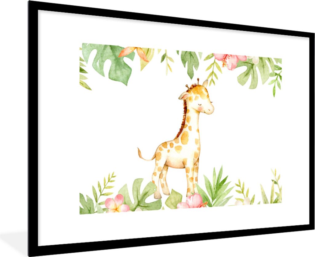 MuchoWow MuchoWow Gerahmtes Poster Giraffe - Dschungel - Blumen - Aquarell 90x60 cm - Poster mit zchwarzem Bilderrahmen - Wanddekoration - Fotos