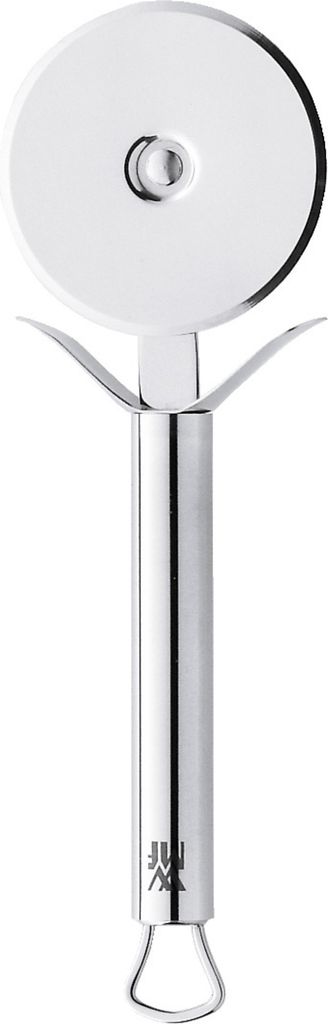 A studio shot of a stainless steel pizza cutter against a white background.