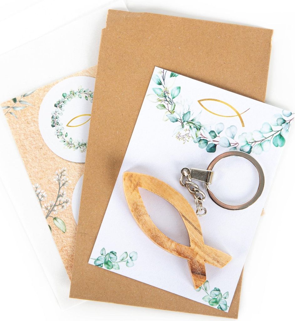 Logbuch-Verlag kleines Geschenk christlicher Fisch Ichthys Schlüsselanhänger + Eukalyptus Karte I Geschenkset Kommuniongeschenk